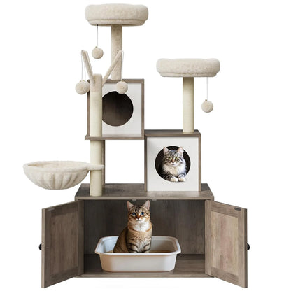 Arbre à Chat Design en Bois avec Meuble Cache-Litière Intégré