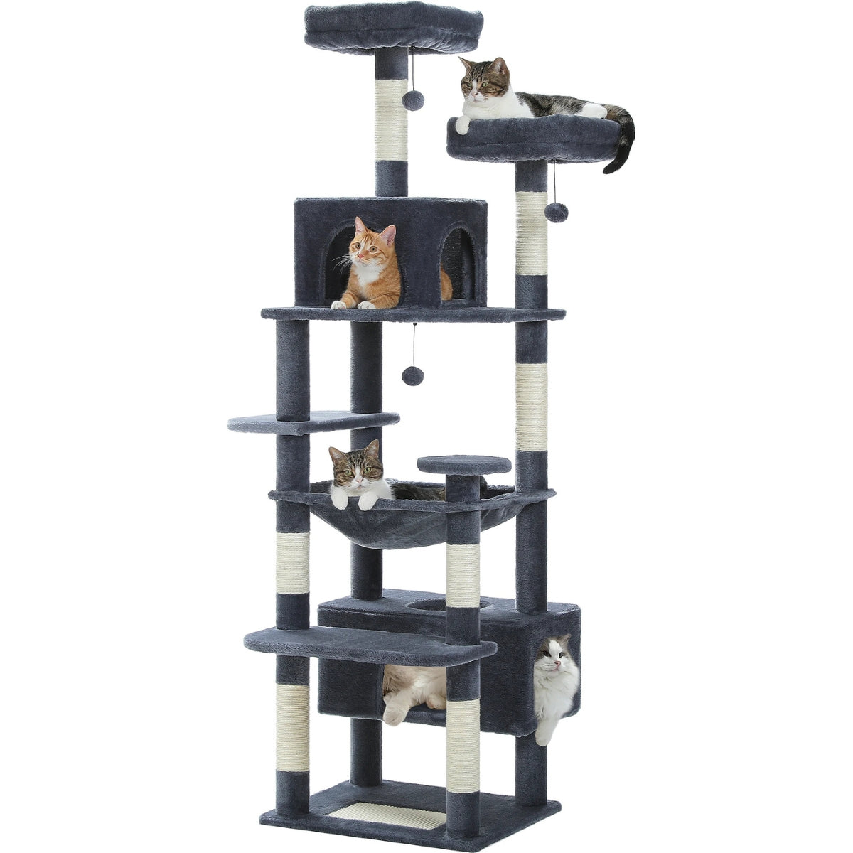 Un arbre à chat géant gris gris de 184 cm avec dimensions détaillées des plateformes de 30x30 cm, niches spacieuses et base renforcée pour grands chats.