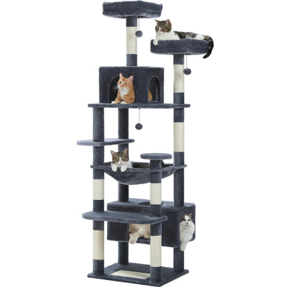 Un arbre à chat géant gris gris de 184 cm avec dimensions détaillées des plateformes de 30x30 cm, niches spacieuses et base renforcée pour grands chats.