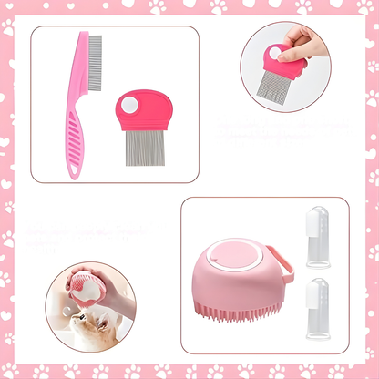 Détails des accessoires du kit de toilettage rose : peigne de démêlage à dents fines, brosse de bain massante en silicone avec réservoir, et doigtiers souples pour le brossage des dents des animaux.