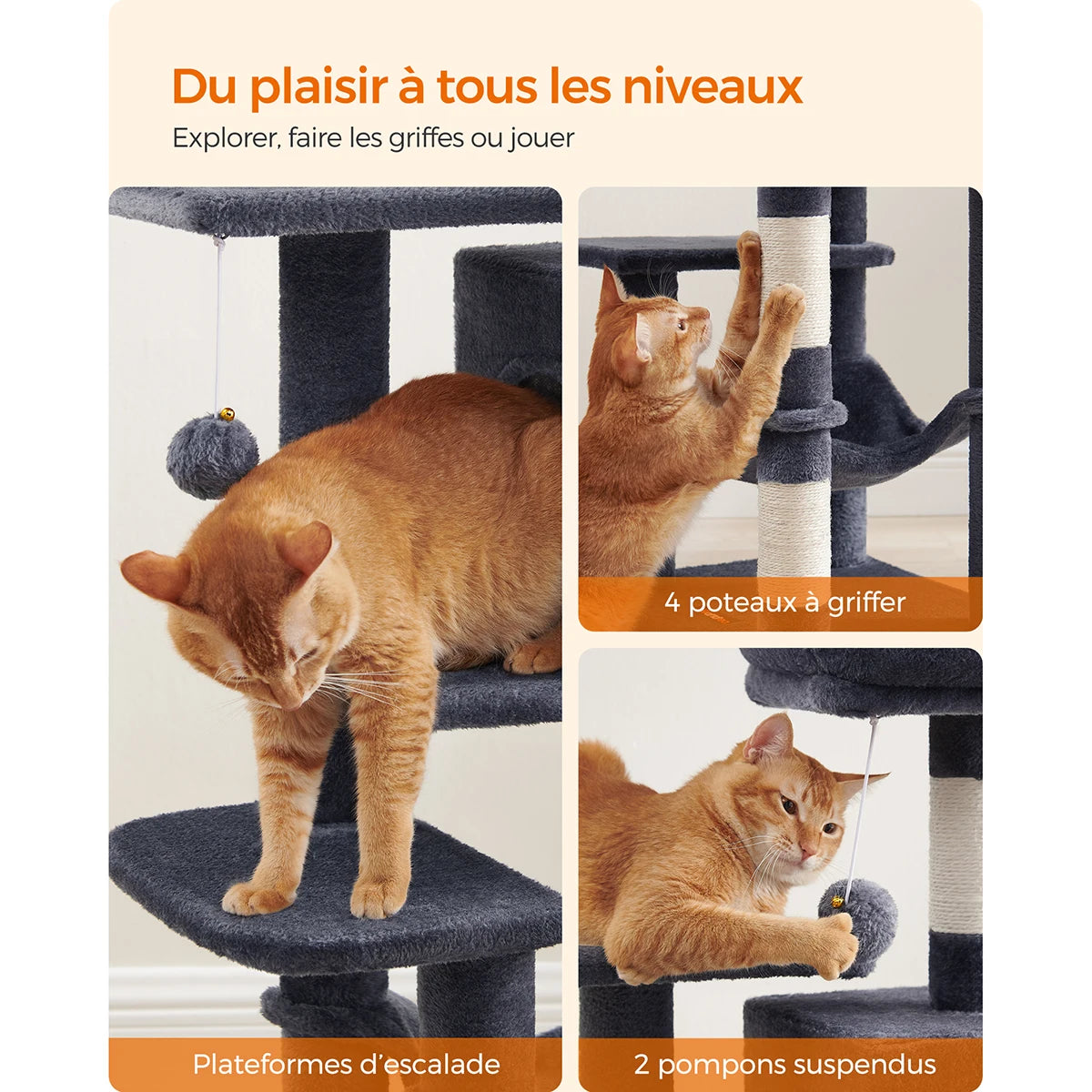 Infographie de présentation des activités de l'arbre à chat multi-niveaux de la marque Les Trésors d'Owka, illustrant trois bénéfices clés pour le bien-être félin. L'image montre un chat roux explorant les larges plateformes d'escalade en peluche grise, utilisant l'un des 4 poteaux à griffer en sisal naturel pour l'entretien des griffes, et s'amusant avec les 2 pompons suspendus intégrés. Cet arbre pour chat complet est conçu pour stimuler l'instinct de chasse et favoriser l'exercice quotidien grâce à ses a
