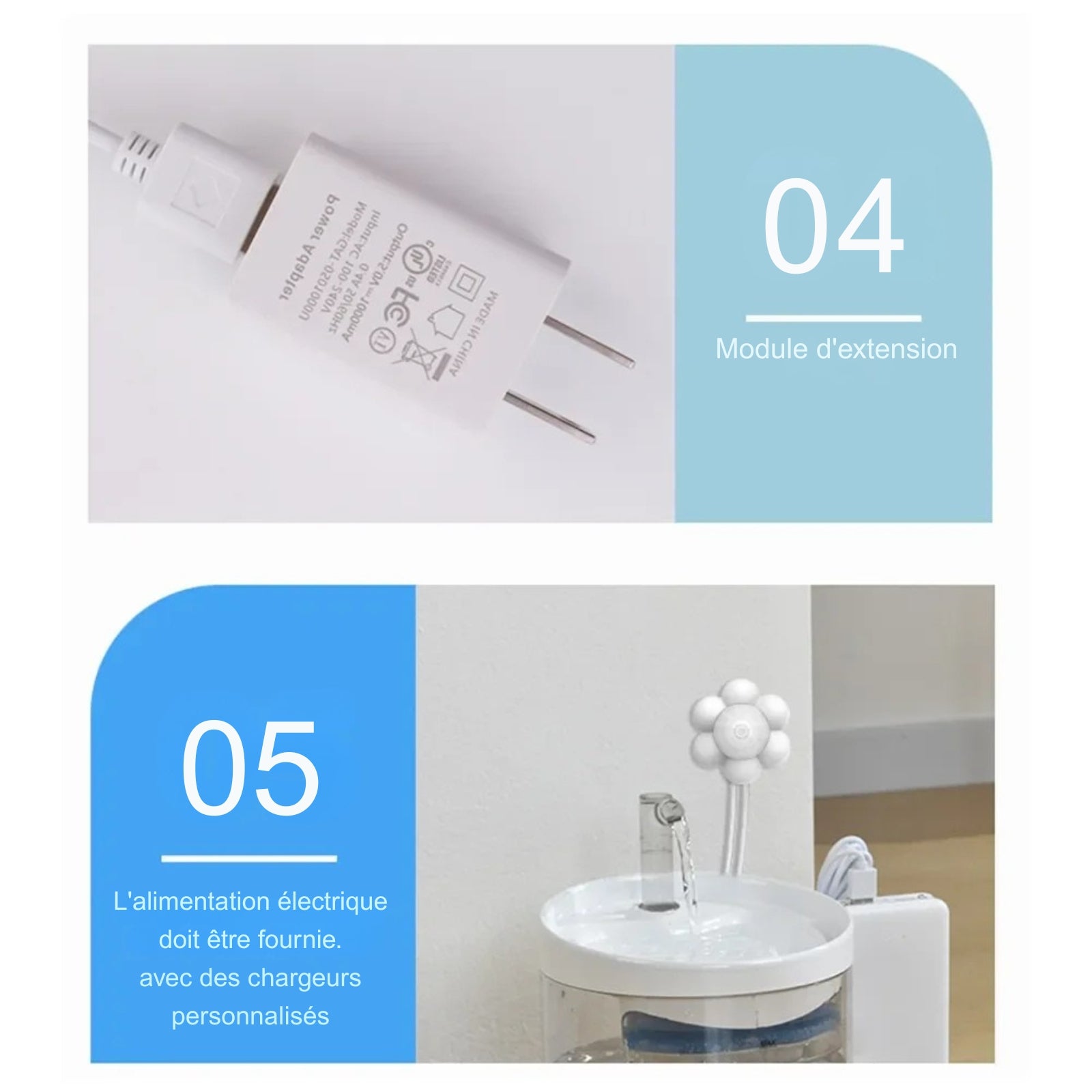 Schéma d'alimentation du Détecteur de Mouvement Intelligent USB pour Fontaine à Eau Chat Les Trésors d'Owka. Étape 4 : module d'extension avec adaptateur secteur USB. Étape 5 : installation murale du capteur activant le jet d'une Fontaine à Eau Chat automatique. Fontaine à Eau connectée.