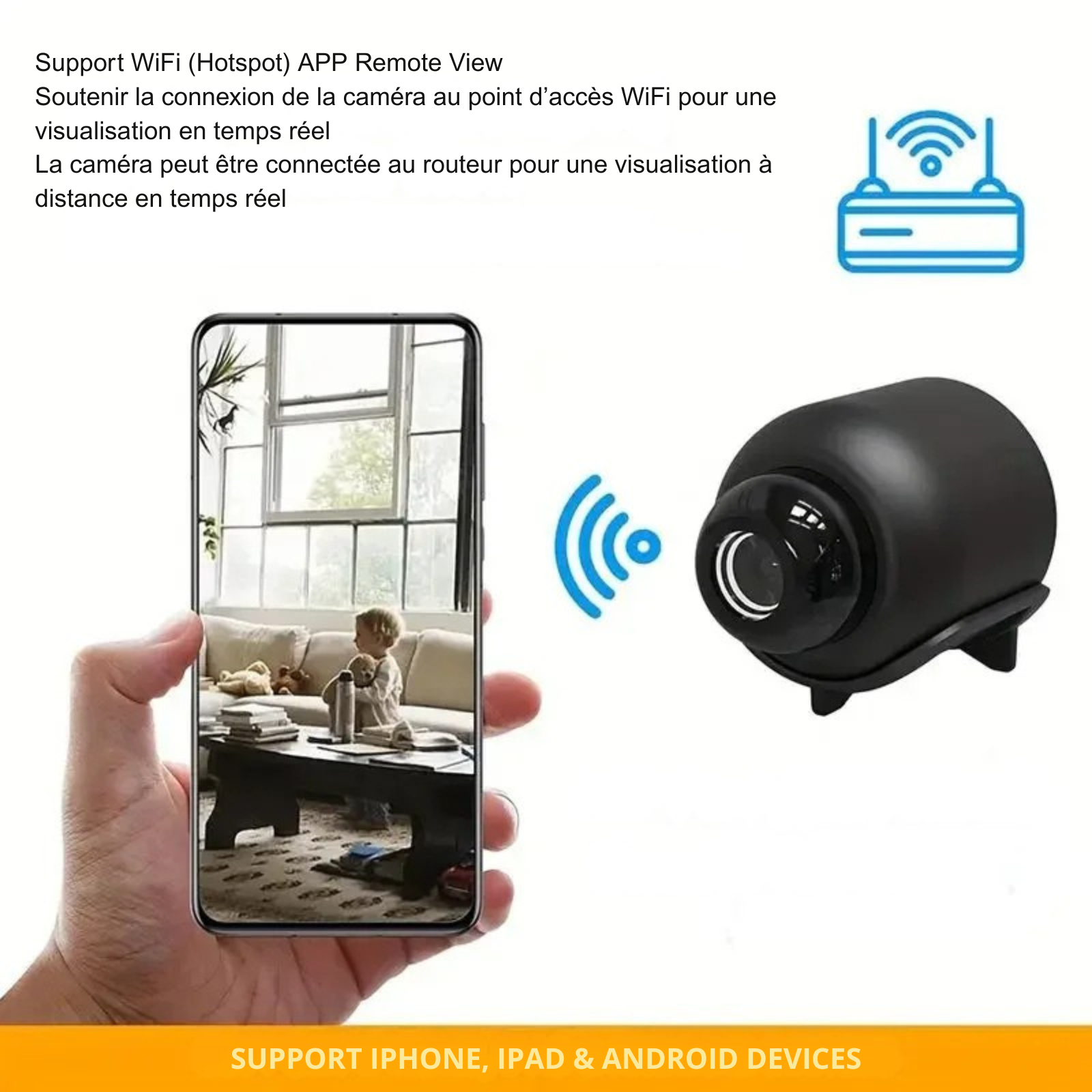 Interface smartphone de la caméra de surveillance animaux montrant la vision à distance en temps réel. Cette mini caméra chat et caméra chien est compatible WiFi Hotspot, iPhone et Android. Visualisez votre intérieur et vos animaux de compagnie où que vous soyez grâce à l'application mobile dédiée. Design compact noir haute performance.