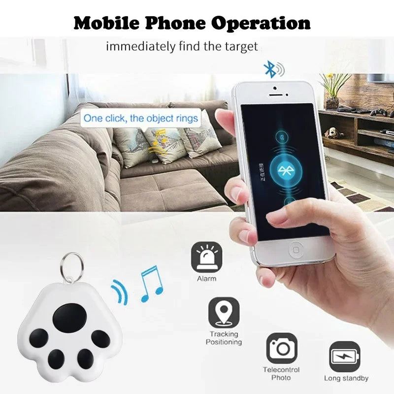 Interface de l'application mobile pour traceur anti-perte Bluetooth permettant de faire sonner l'objet à distance d'un clic, avec fonctions d'alarme, de suivi de position, de déclencheur photo et de veille prolongée.