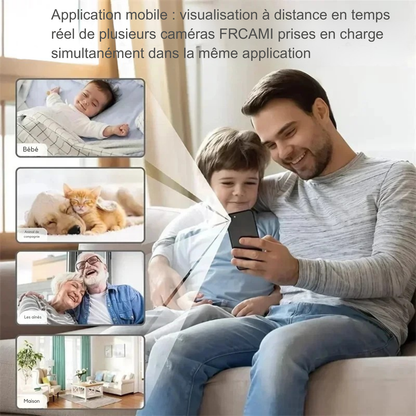 Un père et son fils visualisant en direct sur leur smartphone l'application mobile de la mini caméra animaux. L'infographie montre la vignette 'Pet' avec un chiot et un chaton, idéale pour la caméra surveillance chat et la caméra surveillance chien. Elle permet de surveiller plusieurs caméras FRCAMI simultanément à distance en temps réel.
