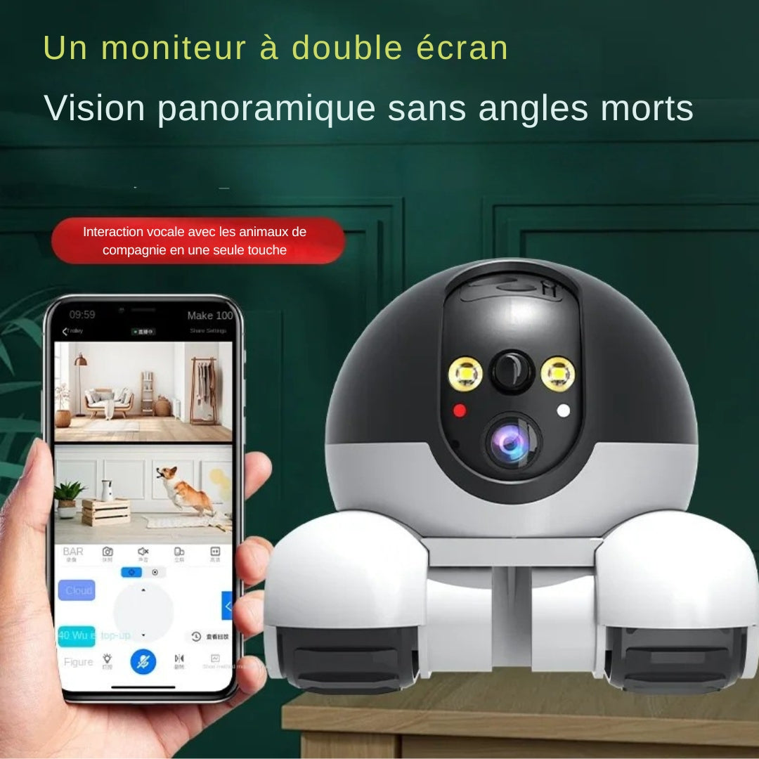 Interface mobile du robot de surveillance pour animaux : application smartphone avec moniteur à double écran, vision panoramique sans angles morts et bouton d'interaction vocale en une seule touche.