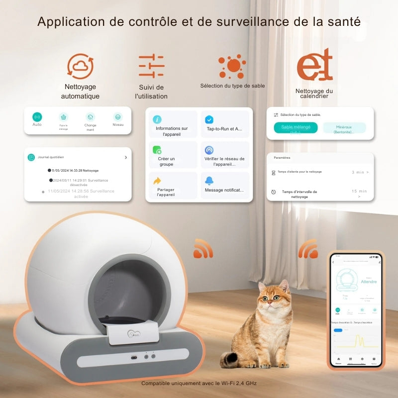 Infographie présentant l'application mobile de contrôle et de suivi de santé pour le bac à litière chat automatique DOEL. Fonctions de nettoyage auto, suivi d'utilisation et sélection du type de litière (minérale ou tofu). Un bac a litiere high-tech idéal comme bac à litière pour chaton connecté.