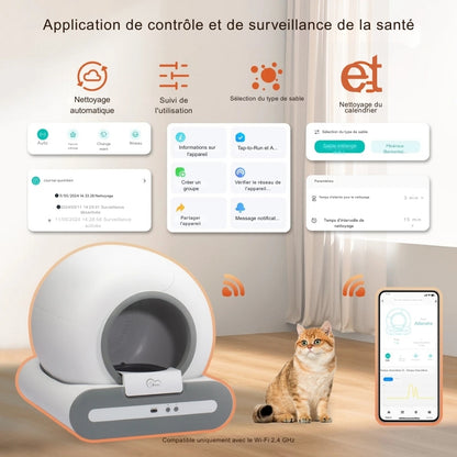 Infographie présentant l'application mobile de contrôle et de suivi de santé pour le bac à litière chat automatique DOEL. Fonctions de nettoyage auto, suivi d'utilisation et sélection du type de litière (minérale ou tofu). Un bac a litiere high-tech idéal comme bac à litière pour chaton connecté.