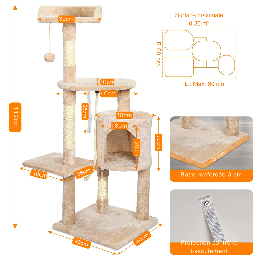 Cotes de l'arbre à chat 112 cm beige : socle de 40 x 40 cm, encombrement de 60 x 60 cm au plus — Les Trésors d'Owka