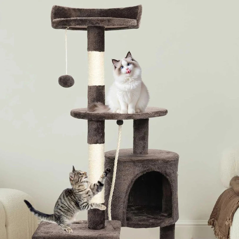Arbre à chat 112 cm brun au salon : un chat sur le plateau ovale, la niche ronde et un autre qui joue — Les Trésors d'Owka