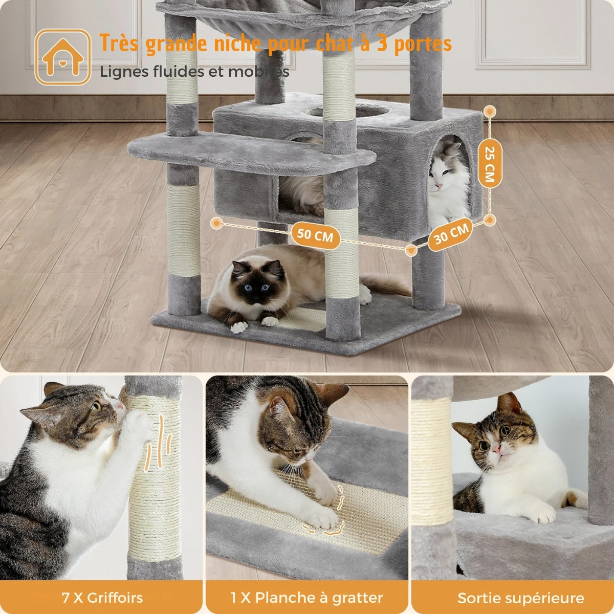 Arbre à activités pour chat à plusieurs niveaux beige avec parcours de grimpe, hamac douillet, deux niches et plateformes d'observation pour 3 à 5 chats.