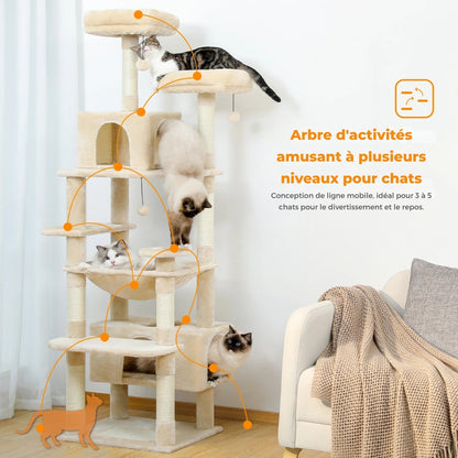 Arbre à chat géant beige crème à 5 niveaux avec deux niches spacieuses, un hamac central et des plateformes d'observation pour 3 à 5 chats.