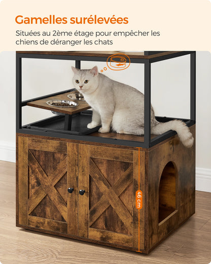 Zoom sur les gamelles surélevées en acier inoxydable d'un arbre à chat industriel en bois. Le plateau repas est situé à 46 cm de hauteur pour protéger la nourriture du chat. Meuble arbre a chat robuste avec station de nutrition intégrée, idéal pour chat et arbre chaton en foyer multi-animaux. Qualité Les Trésors d'Owka.
