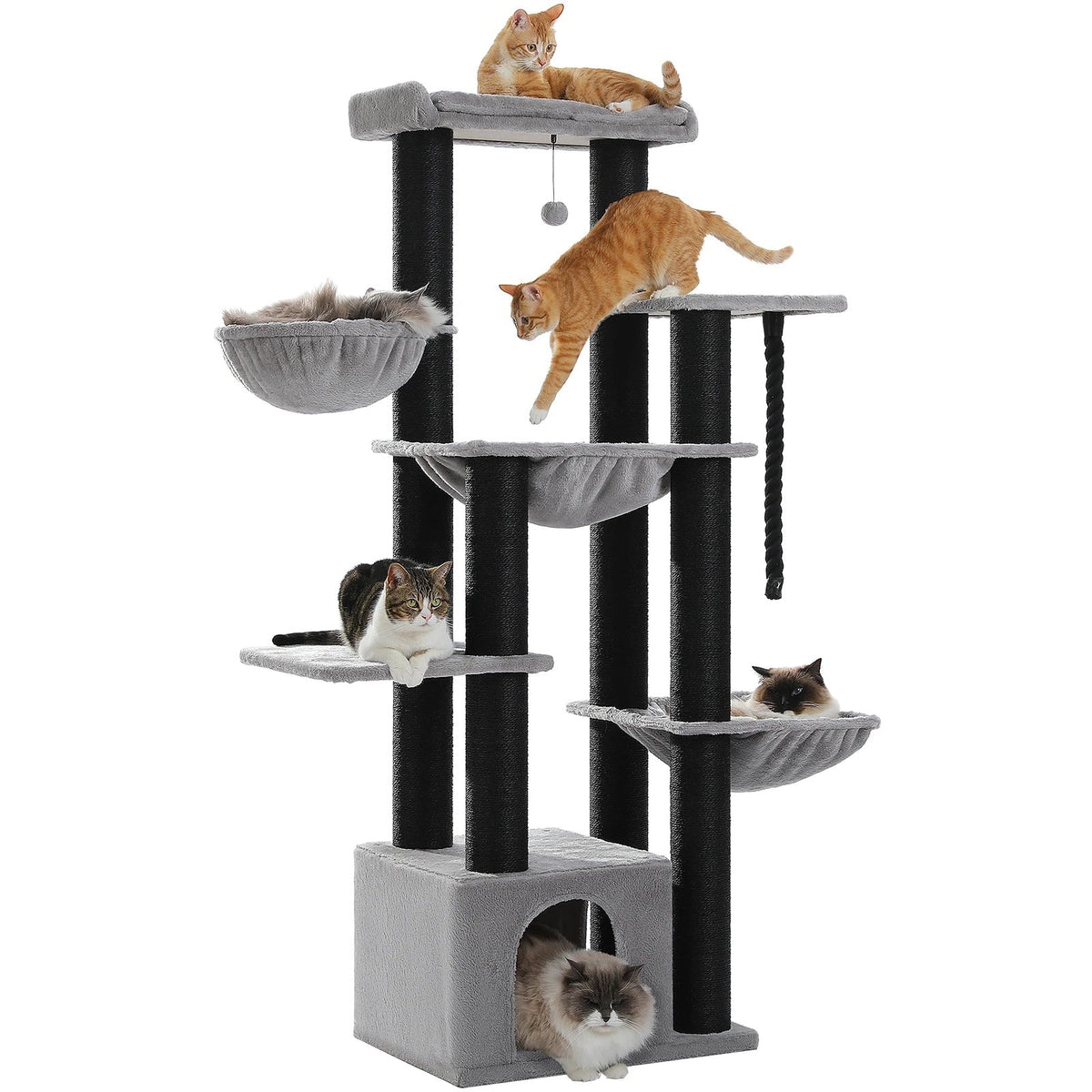 Arbre à chat avec hamac « Le Palace » noir et gris : 13 poteaux en sisal noir, 3 hamacs gris, une niche — Les Trésors d'Owka