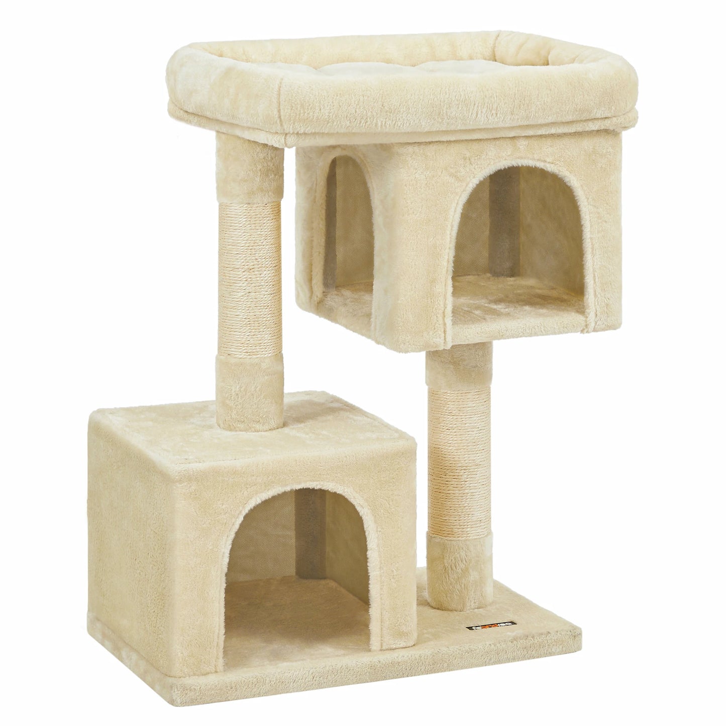 Arbre à chat design beige crème à double niche, plateforme d'observation supérieure avec rebord épais et poteaux griffoirs en sisal naturel, idéal pour le repos et le jeu.