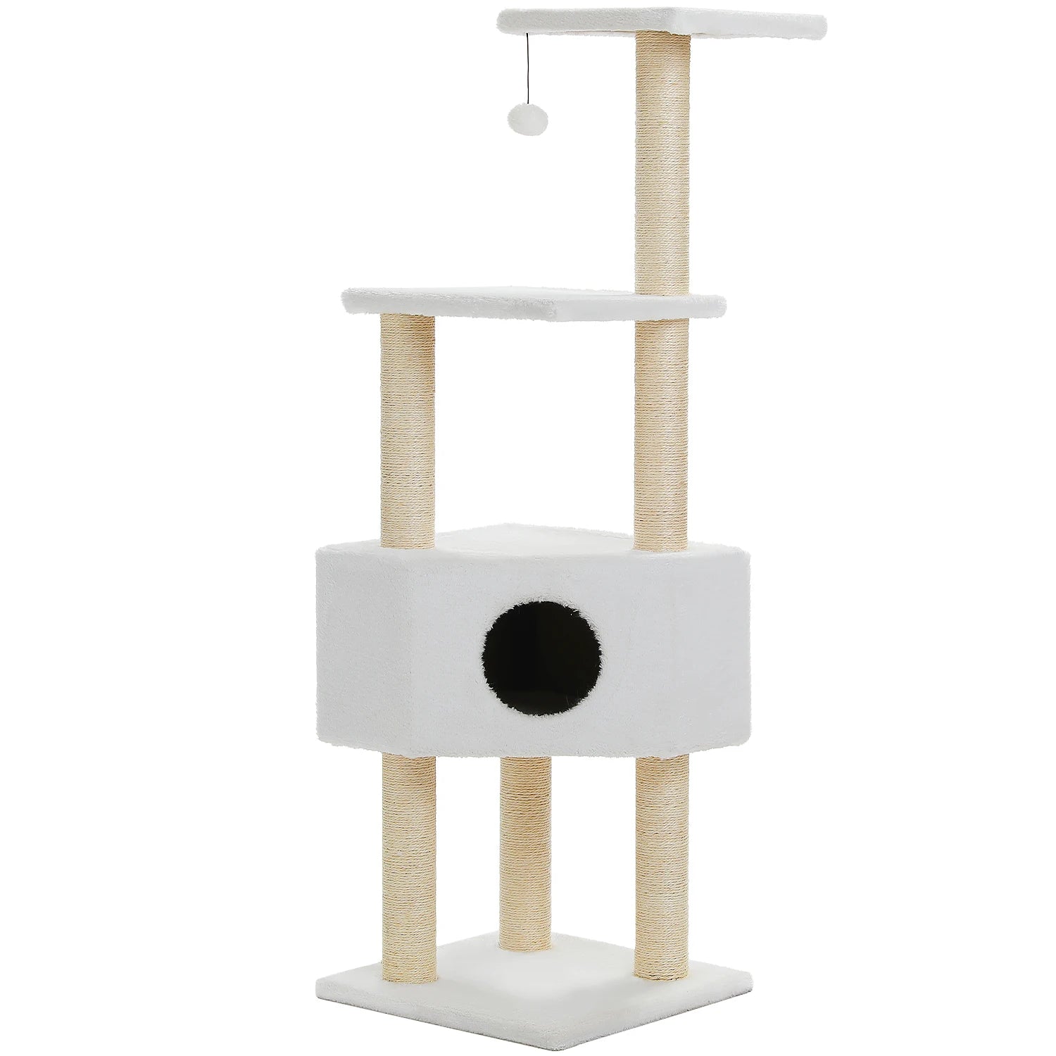 Schéma des dimensions complètes de l'arbre à chat 130 cm : base 40x40 cm, niche centrale 25 cm de haut et plateformes d'observation.