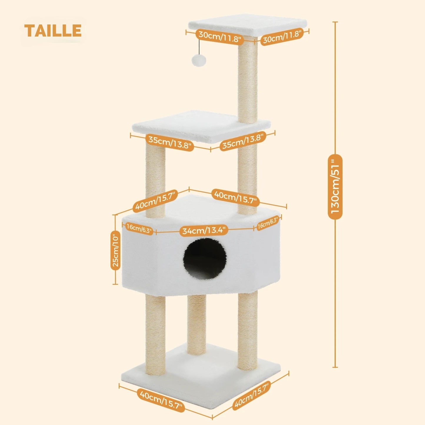 Schéma technique et dimensions complètes d'un arbre à chat de 130 cm : plateformes, niche et base de 40x40 cm.