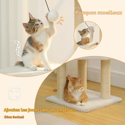 Arbre à chat avec jouet suspendu pompon moelleux et base large stable pour chaton et chat adulte en train de jouer.
