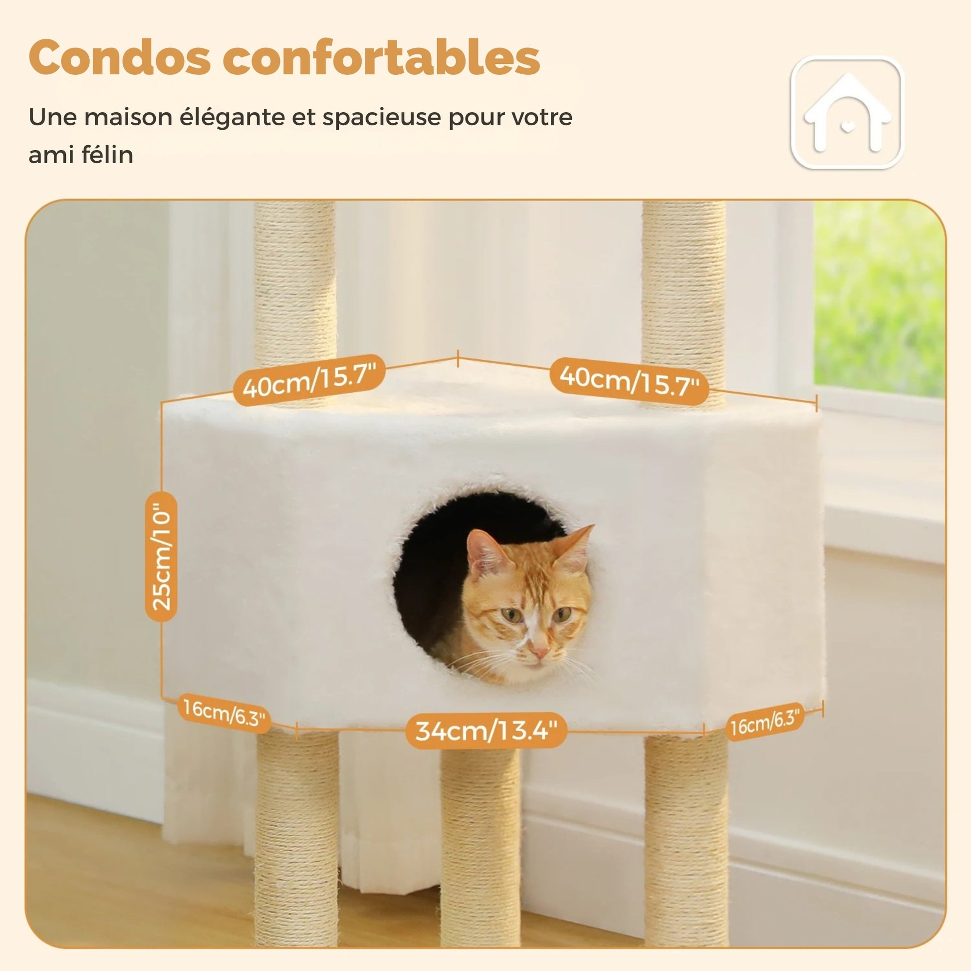 Dimensions détaillées de la niche d'arbre à chat : maison spacieuse de 40x40 cm en peluche blanche pour le confort du chat.