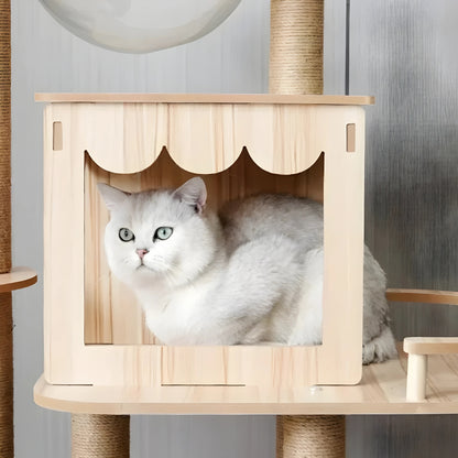 Arbre à chat design en bois naturel avec capsule transparente panoramique, niche moderne style chalet et plateformes épurées pour un intérieur scandinave.
