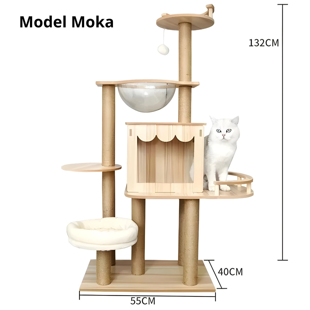 Arbre à chat design en bois clair modèle Moka de 132 cm avec capsule spatiale transparente, niche moderne style chalet, dodo moelleux blanc et poteaux en sisal naturel.