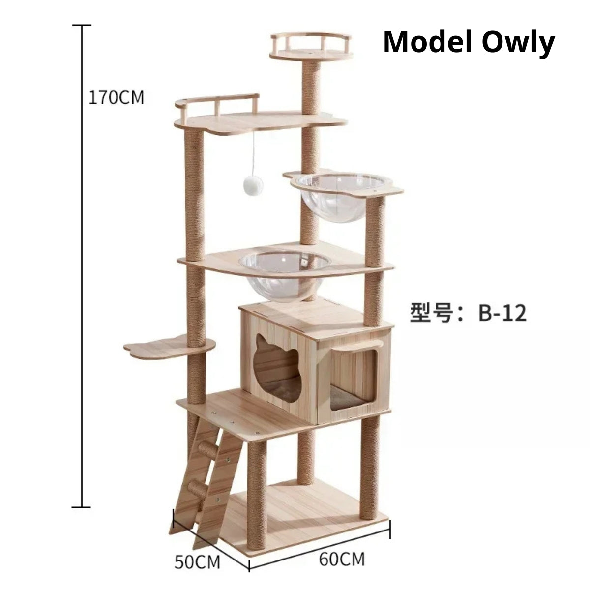 Arbre à chat design en bois naturel Model Owly de 170 cm avec deux capsules spatiales transparentes, niche moderne à tête de chat et poteaux en sisal robuste.