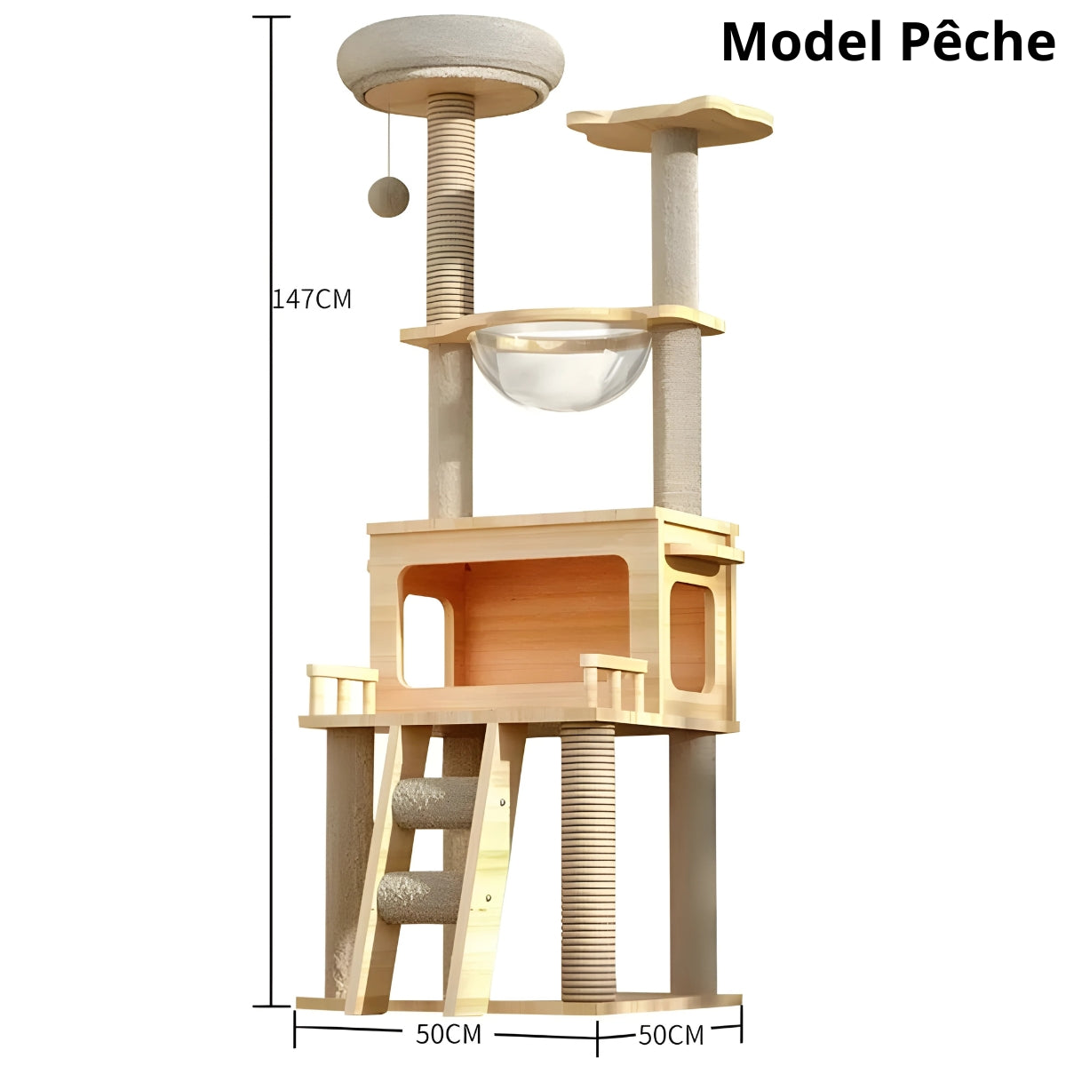 Arbre à chat design en bois naturel Model Pêche de 147 cm avec capsule spatiale transparente, grande niche moderne surélevée, échelle de jeu et poteaux en sisal.