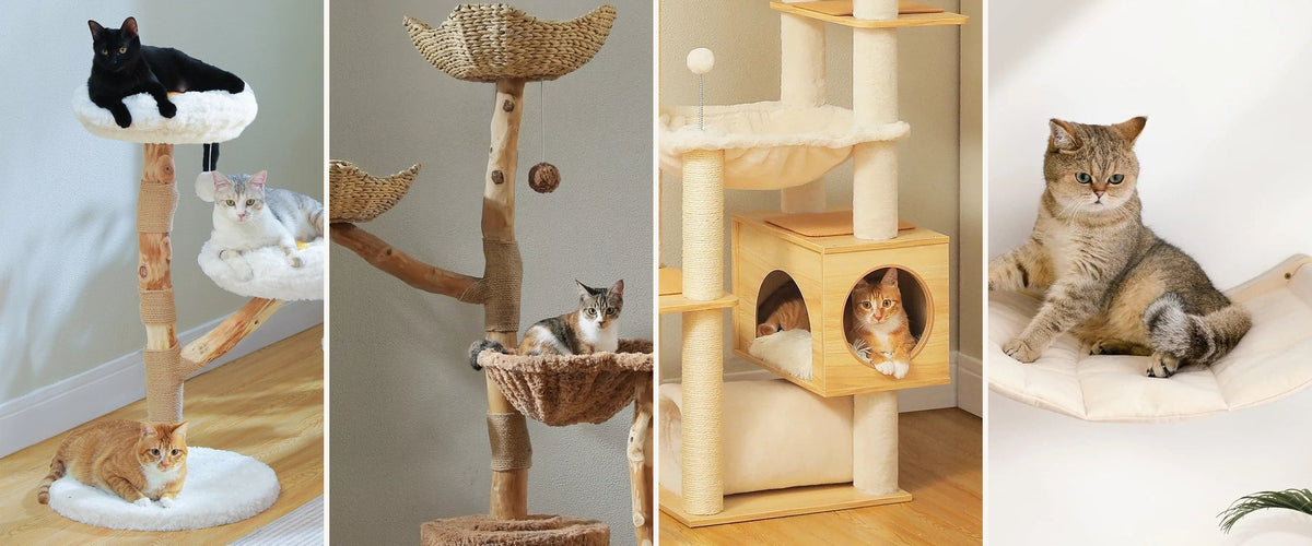 Quatre arbres à chat bois : tronc naturel, branches de poirier, niche en bois clair, couchage au mur — Les Trésors d'Owka