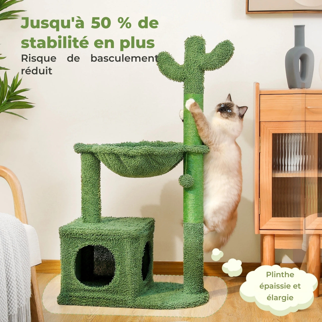 Arbre à chat cactus vert ultra-stable avec plinthe épaissie et élargie offrant jusqu'à 50% de stabilité en plus, idéal pour prévenir les risques de basculement.