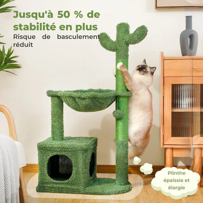 Arbre à chat cactus vert ultra-stable avec plinthe épaissie et élargie offrant jusqu'à 50% de stabilité en plus, idéal pour prévenir les risques de basculement.