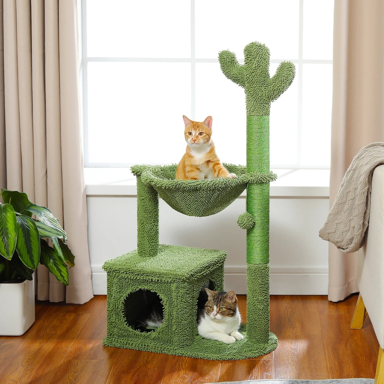 Arbre à chat design cactus vert en tissu chenille avec griffoir en sisal, hamac douillet et niche cubique, présenté dans un salon lumineux avec deux chats.