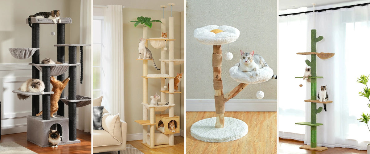 Quatre de nos arbres à chat, de 92 cm à 2,75 m, dans un salon, avec des chats installés à chaque étage — Les Trésors d'Owka