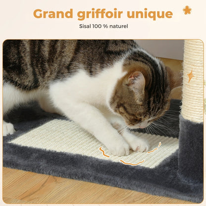 Arbre à chat géant beige crème à 6 niveaux avec deux niches de repos, un hamac central, trois échelles de jeu et plateformes d'observation pour plusieurs chats.