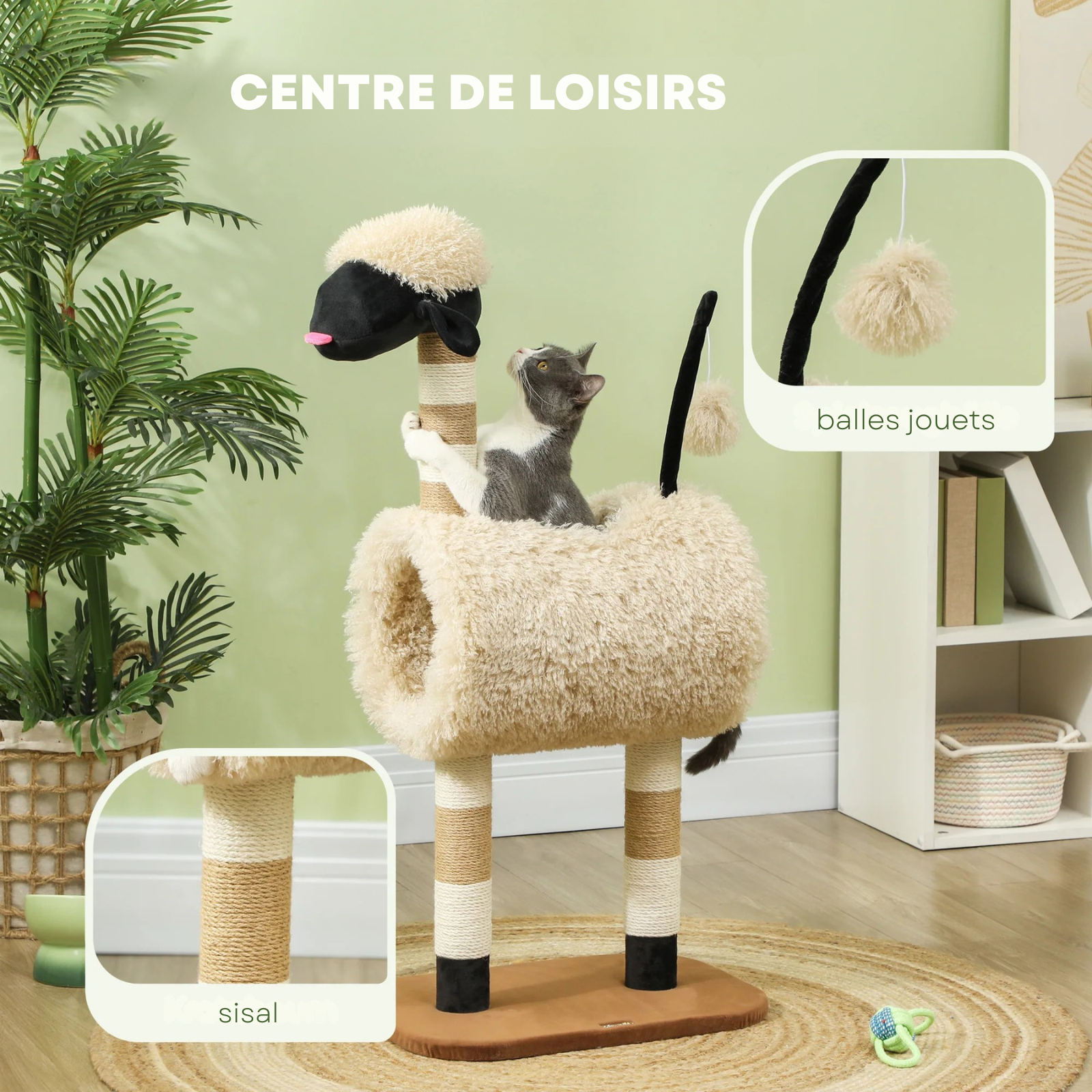 Arbre à chat original en forme d'autruche avec niche tunnel en peluche douce et pompon de jeu. L'image présente un arbre chaton rigolo avec des poteaux griffoirs en sisal bicolore et un centre de loisirs complet pour chat. Design unique et ludique pour arbre a chat Les Trésors d'Owka.