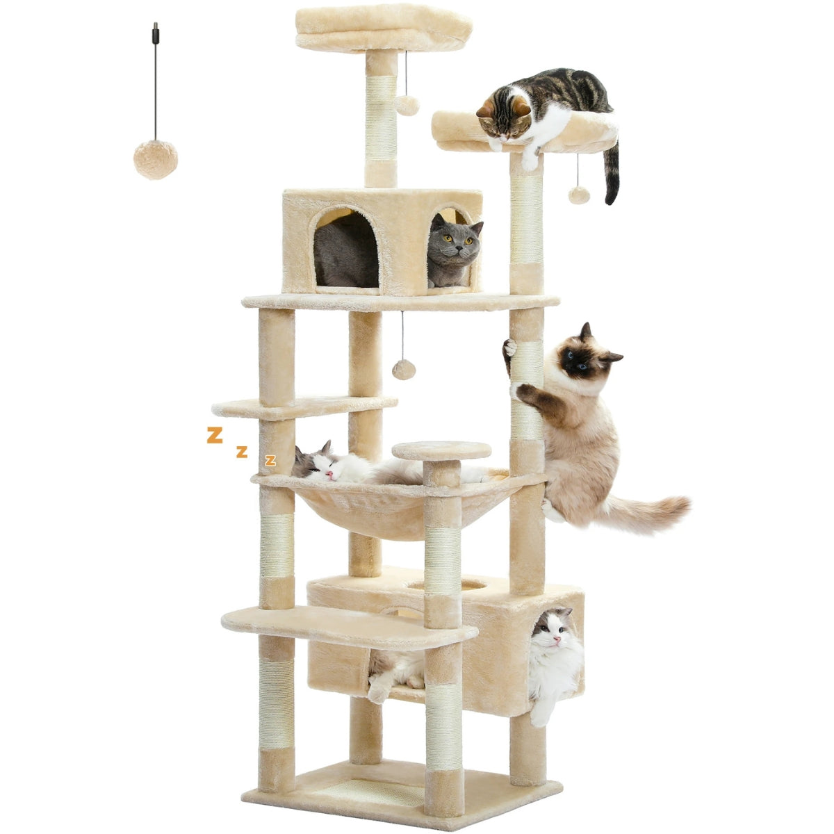 Arbre à chat géant beige crème avec deux niches, un hamac suspendu et de multiples plateformes pour 6 chats, design élégant et échelles de jeu intégrées.