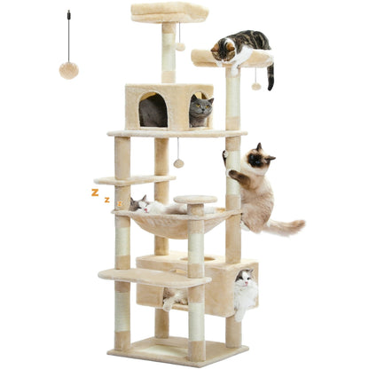 Arbre à chat géant beige crème avec deux niches, un hamac suspendu et de multiples plateformes pour 6 chats, design élégant et échelles de jeu intégrées.