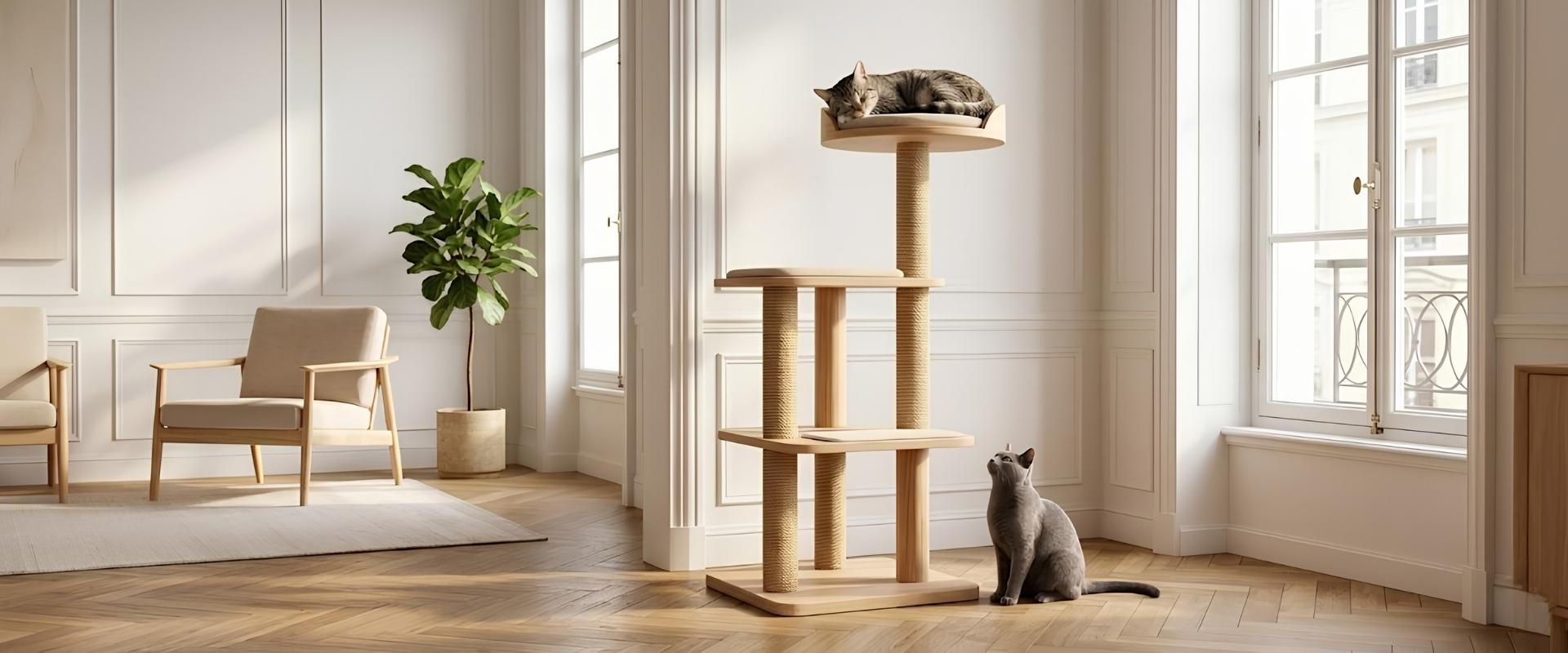 Arbre à chat design en bois massif et sisal naturel avec deux chats dans un salon parisien lumineux — Les Trésors d'Owka