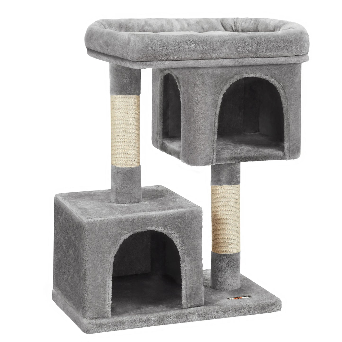 Arbre à chat design gris anthracite compact avec deux niches cubiques, une plateforme supérieure à rebords moelleux et des poteaux griffoirs en sisal blanc sur fond blanc.