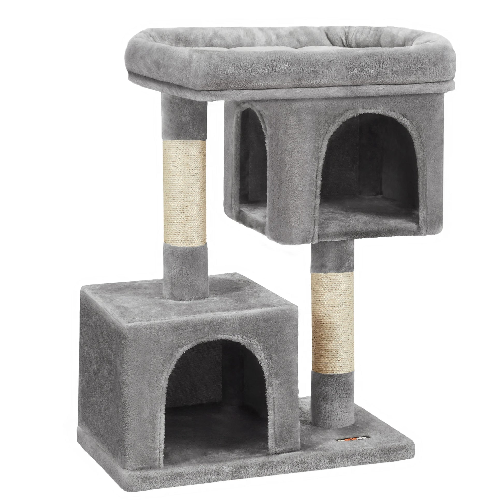 Arbre à chat design gris anthracite compact avec deux niches cubiques, une plateforme supérieure à rebords moelleux et des poteaux griffoirs en sisal blanc sur fond blanc.