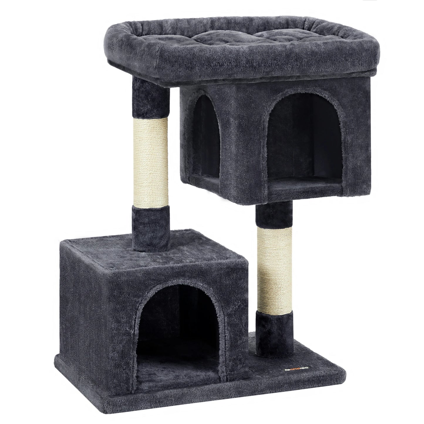 Arbre à chat design gris foncé anthracite avec deux niches cubiques spacieuses, une plateforme supérieure rembourrée à hauts rebords et des poteaux griffoirs en sisal blanc sur fond blanc.