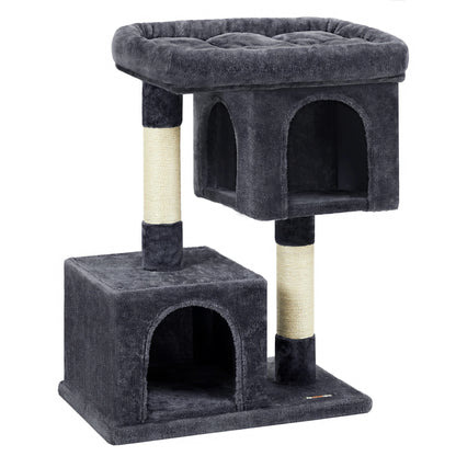 Arbre à chat design gris foncé anthracite avec deux niches cubiques spacieuses, une plateforme supérieure rembourrée à hauts rebords et des poteaux griffoirs en sisal blanc sur fond blanc.