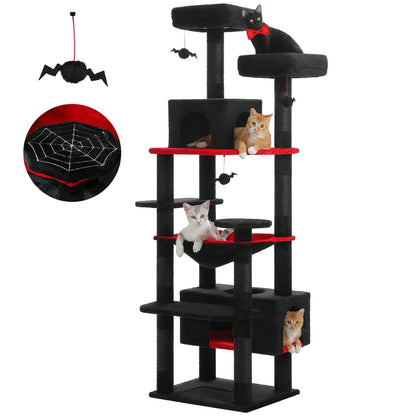 Arbre à chat design Halloween noir et rouge avec jouets chauve-souris et araignée suspendus, plateforme toile d'araignée, hamac douillet et deux niches pour chats.