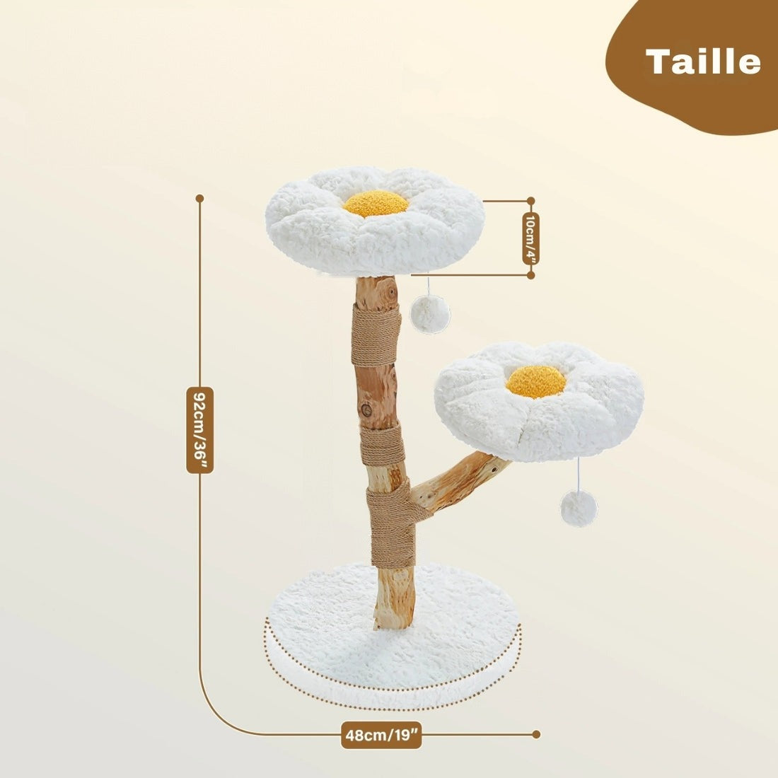Dimensions de l'arbre à chat fleur Botanica : hauteur de 92 cm, socle rond de 48 cm, coussins de 10 cm — Les Trésors d'Owka