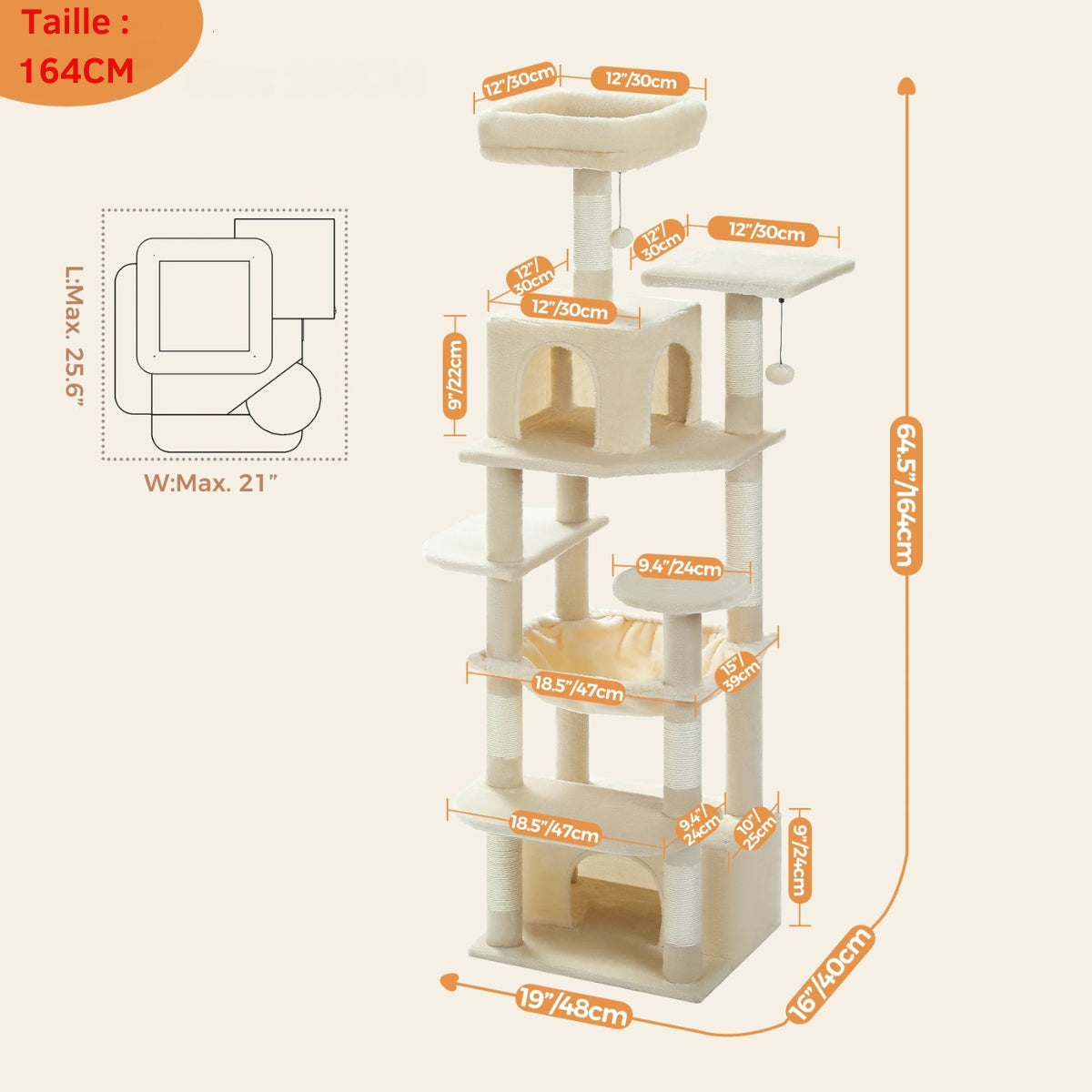 Arbre à chat géant 164 cm gris anthracite avec 13 griffoirs extra-épais de 11 cm, grande niche à 3 portes et paniers déhoussables lavables pour chats.