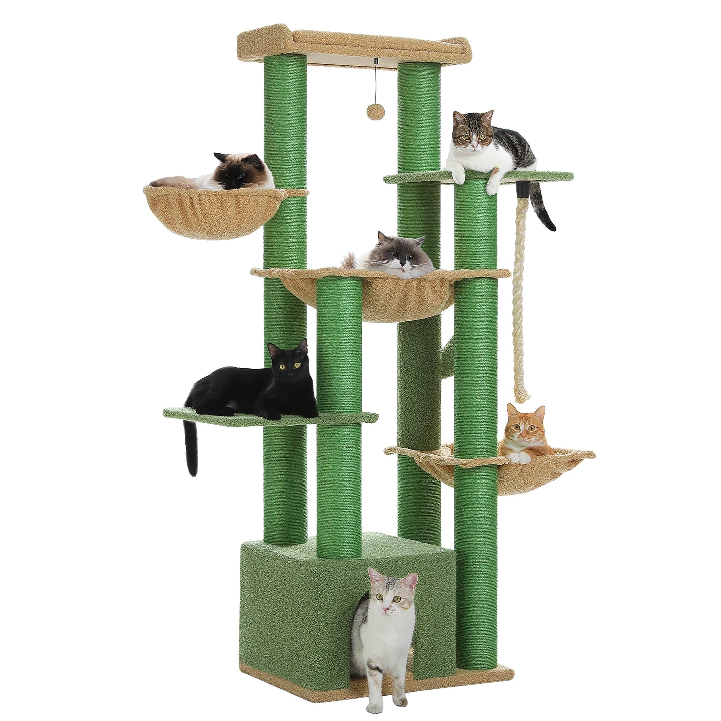 Arbre à chat design vert et beige avec poteaux à griffer haute résistance et multiples zones de repos.
