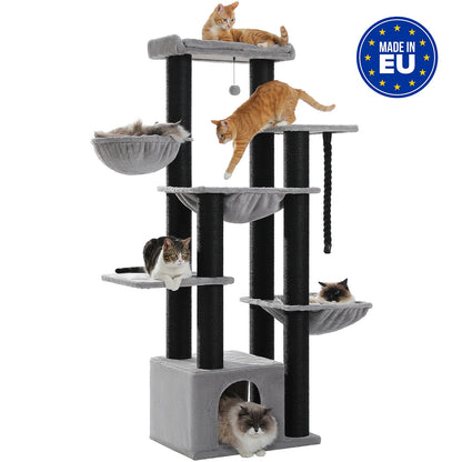 Arbre à chat original noir et gris multi-niveaux avec jouets suspendus et corde de jeu pour chats actifs.