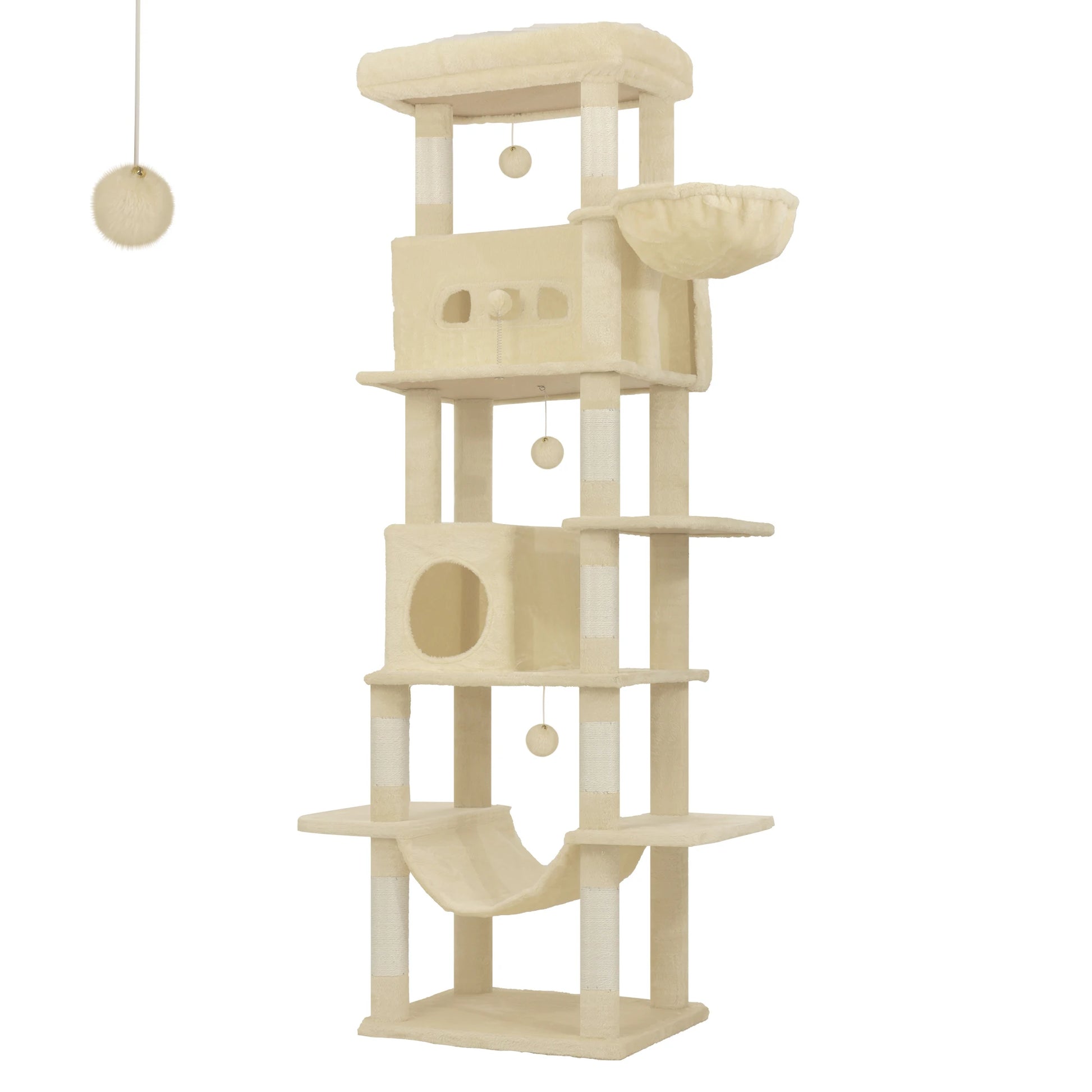 Arbre à chat géant beige crème Tower de grande hauteur pour plusieurs chats, comprenant un hamac spacieux, un panier suspendu, une niche, plusieurs plateformes et des pompons de jeu.