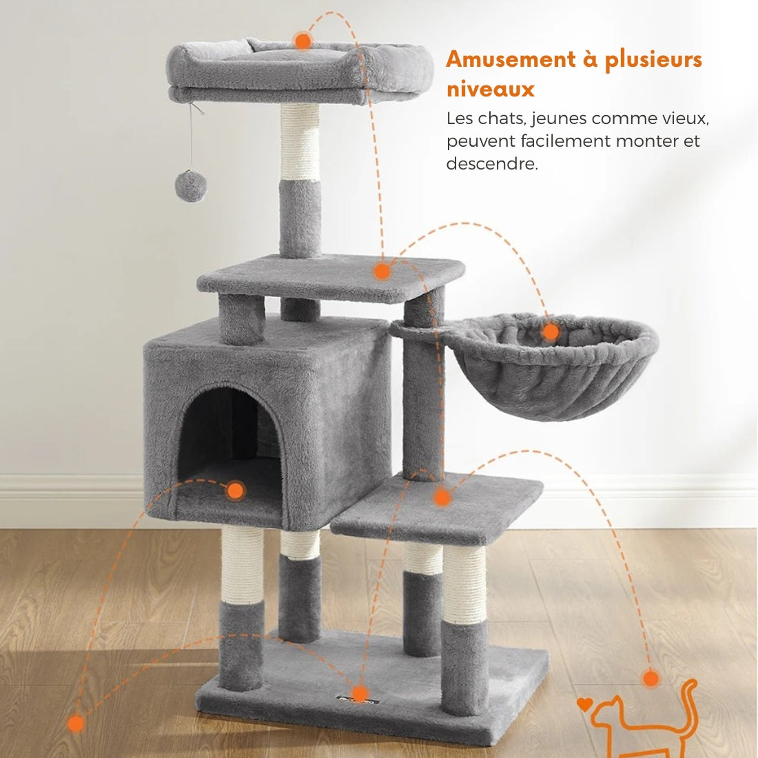 Arbre à chat gris multi-niveaux conçu pour l'agilité avec panier supérieur douillet, niche centrale sécurisée, hamac enveloppant et poteaux griffoirs en sisal blanc.