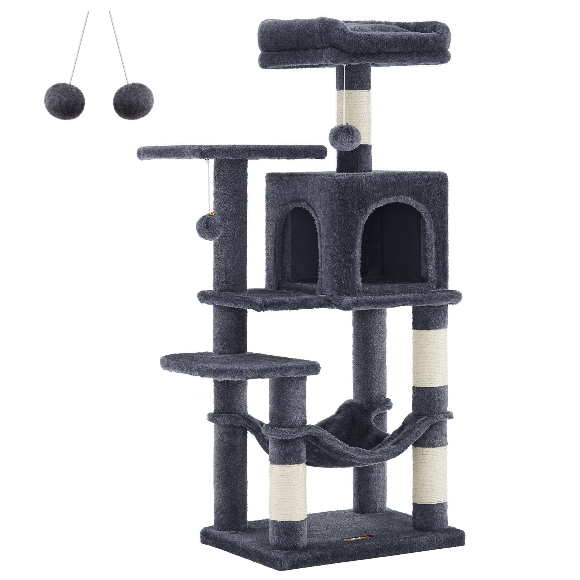 Vue d'ensemble sur fond blanc d'un arbre à chat multi-niveaux de la marque Les Trésors d'Owka, coloris gris anthracite premium. Cet arbre pour chat complet comprend une niche spacieuse à double entrée, un hamac suspendu confortable, une plateforme d'observation rembourrée et plusieurs paliers d'escalade en peluche douce. La structure intègre des poteaux griffoirs robustes revêtus de sisal naturel pour l'entretien des griffes, ainsi que trois pompons de jeu suspendus pour stimuler l'instinct de votre félin. 