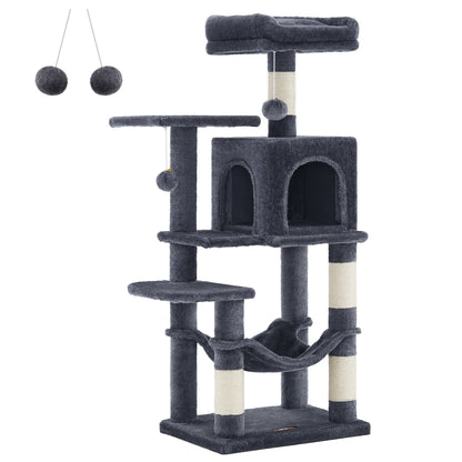 Vue d'ensemble sur fond blanc d'un arbre à chat multi-niveaux de la marque Les Trésors d'Owka, coloris gris anthracite premium. Cet arbre pour chat complet comprend une niche spacieuse à double entrée, un hamac suspendu confortable, une plateforme d'observation rembourrée et plusieurs paliers d'escalade en peluche douce. La structure intègre des poteaux griffoirs robustes revêtus de sisal naturel pour l'entretien des griffes, ainsi que trois pompons de jeu suspendus pour stimuler l'instinct de votre félin. 